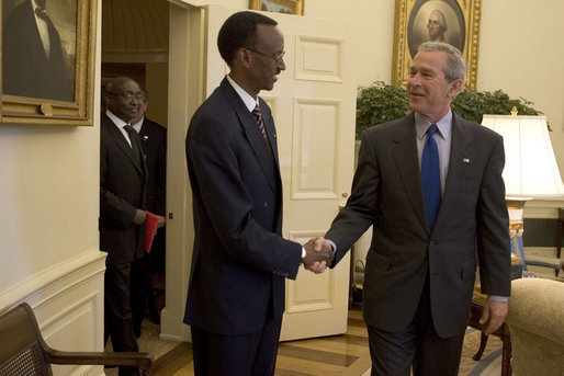 President George W. Bush meets with the President Paul Kagame of Rwanda in the Oval Office Friday, April 15, 2005. White House photo by Krisanne Johnson