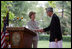 Mrs. Laura Bush shakes hands with President Hamid Karzai of Afghanistan, Sunday, June 8, 2008, during their press availability at the presidential palace in Kabul.