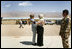 Mrs. Laura Bush is greeted by Governor Habiba Sarabi after arriving in Bamiyan province Sunday, June 8, 2008. Appointed in 2005, the former Minister of Women's Affairs is the only female governor in Afghanistan.