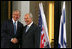 President George W. Bush and President Shimon Peres of Israel pause for photographers as they meet Wednesday, May 14, 2008, at President Peres' Jerusalem residence.