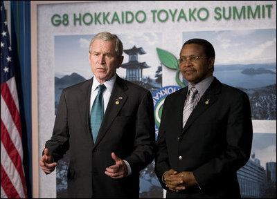 President George W. Bush and President Jakaya Kikwete of Tanzania talk to the media Monday, July 7, 2008, after the G-8 Working Session with the Africa Outreach Representatives in Toyako, Japan. President Bush congratulated his counterpart for his leadership, saying, "I really want the American people to hear firsthand how successful their generosity has been, whether it be on HIV/AIDS or malaria. And Tanzania is a good example. But success would not have taken place without your leadership..."