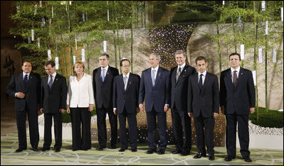Leaders of Group of Eight pose for photos Monday, July 7, 2008, prior to dinner at the Windsor Hotel Toya Resort and Spa in Toyako, Japan. From left are: Prime Minister Silvio Berlusconi of Italy; President Dmitriy Medvedev of Russia; Chancellor Angela Merkel of Germany; Prime Minister Gordon Brown of the United Kingdom; Japan's Prime Minister Yasuo Fukuda; President George W. Bush; Prime Minister Stephen Harper of Canada; President Nicolas Sarkozy of France, and President Jose Manuel Barroso of the European Commission.