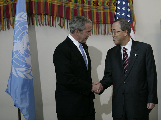 President George W. Bush is greeted Tuesday, Sept. 25, 2007, by United Nations Secretary-General Ban Ki-moon after arriving at U.N. Headquarters in New York City. White House photo by Eric Draper