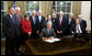 President George W. Bush signs the Americans with Disabilities Amendments Act Thursday, Sept. 25, 2008, in the Oval Office of the White House. Joining him for the signing of the law that amends the ADA Act of 1990, are, from left: Former President George H.W. Bush, Republican Rep. James Sensenbrenner of Wisconsin and his spouse, Cheryl Sensenbrenner; Democratic Rep. Steny Hoyer of Maryland; Republican Rep. Buck McKeon of California; Democratic Rep. Jerry Nadler of New York; Senator Tom Harkin (D-Iowa); Senator Mike Enzi (R-Wyo.); Democratic Rep. Jim Langevin of Rhode Island, and U.S. Attorney General Michael Mukasey. White House photo by Joyce N. Boghosian