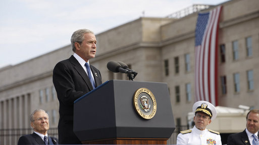 President George W. Bush delivers his remarks during the dedication ceremony of the 9/11 Pentagon Memorial Thursday, Sept. 11, 2008, at the Pentagon in Arlington, Va. President Bush stated in his remarks that each year on this day, our thoughts return to this place. Here, we remember those who die. And here, on this solemn anniversary, we dedicated a memorial that will enshrine their memory for all time. White House photo by Eric Draper