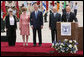 President George W. Bush and Mrs. Laura Bush are joined by Mrs. Aliza Olmert, wife of Prime Minister Ehud Olmert, and Israel’s President Shimon Peres as Israeli Prime Minister Olmert delivers remarks Wednesday, May 14, 2008, at arrival ceremonies for President and Mrs. Bush in Tel Aviv. White House photo by Chris Greenberg