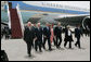 Israeli leaders accompany President George W. Bush and Mrs. Laura Bush as they arrive Wednesday, May 14, 2008, at Ben Gurion International Airport in Tel Aviv. With them are from left: Israeli Chief of Protocol, Ambassador Yitzhak Eldan, President Shimon Peres, Prime Minister Ehud Olmert and Mrs. Aliza Olmert. White House photo by Joyce N. Boghosian