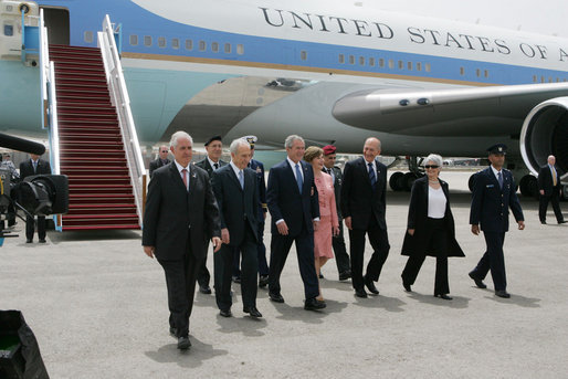Israeli leaders accompany President George W. Bush and Mrs. Laura Bush as they arrive Wednesday, May 14, 2008, at Ben Gurion International Airport in Tel Aviv. With them are from left: Israeli Chief of Protocol, Ambassador Yitzhak Eldan, President Shimon Peres, Prime Minister Ehud Olmert and Mrs. Aliza Olmert. White House photo by Joyce N. Boghosian