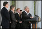 President George W. Bush delivers a statement Wednesday, May 7, 2008, on the North Portico of the White House after meeting with the House Republican Conference. Of the issues discussed, the President said, "It's a positive agenda. an agenda that recognizes that we can find the wisdom of the American people in their souls, in their hearts. We listen carefully to what they think, and we respond in a way that meets their needs." White House photo by Chris Greenberg