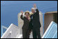 President George W. Bush and Mrs. Laura Bush wave goodbye from Air Force One Friday, May 16, 2008, as they prepared to depart Ben Gurion International Airport en route to Riyadh, Saudi Arabia on the second leg of their three-country, Mideast visit. White House photo by Chris Greenberg