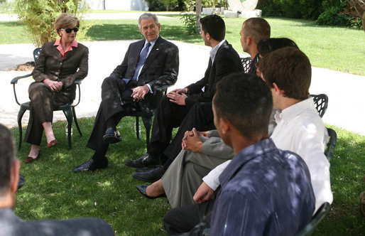 President George W. Bush and Mrs. Laura Bush participate in a roundtable discussion with a group of youths at the Bible Lands Museum Jerusalem Friday, May 16, 2008. Young leaders interested in fostering peace in their country, the youths represented cross cultures, including Jews, Israel Arabs, Palestinians and an immigrant from Ethiopia. White House photo by Joyce N. Boghosian