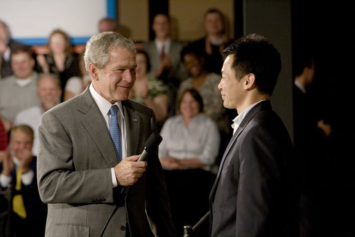President George W. Bush takes a question from the audience following his remarks on the economy Friday, May 2, 2008, during his visit to World Wide Technology, Inc. in Maryland Heights, Mo. White House photo by Chris Greenberg