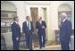 President George W. Bush talks with Federal Reserve Board Chairman Alan Greenspan, Treasury Secretary Paul O'Neill and White House Chief of Staff Andy Card after their lunch meeting Thursday, August 1, 2002. White House photo by Eric Draper.