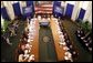 The President listens to concerns and ideas from panelists at the Small Investors and Retirement Security discussion session at the President's Economic Forum held at Baylor University in Waco, Texas on Tuesday August 13, 2002. 