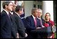 resident George W. Bush announces the White House conference on Missing, Exploited and Runaway children in the Rose Garden Aug. 6. Standing with him are, from left to right, FBI Director Robert Mueller, Education Secretary Rod Paige, Attorney General John Ashcroft, and Ernie Allen and Carolyn Atwell-Davis from The National Center for Missing and Exploited Children. White House photo by Tina Hager