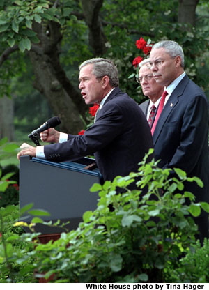 "Today, we have launched a strike on the financial foundation of the global terror network," stated the President in the Rose Garden as he, Secretary of the Treasury Paul O'Neill and Secretary of State Colin Powell address the media Sept. 24.
