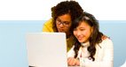 This main image depicts a man and a woman with their daughter holding a pumpkin on the left and two women using a laptop on the right.