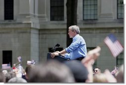 President George W. Bush delivers remarks at the Fourth of July Celebration in Charleston, West Virginia on Independence Day, 2004.  White House photo by Tina Hager