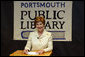 Laura Bush answers reporters questions after participating in the No Child Left Behind Summer Reading Program with local children at the Portsmouth Public Library in Portsmouth, New Hampshire, Friday, July 9, 2004. White House photo by Joyce Naltchayan