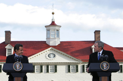 With Mount Vernon as a backdrop, President George W. Bush and President Nicolas Sarkozy of France participate in a joint press availability Wednesday, Nov. 7, 2007. The visit to the Virginia home of George Washington capped a two-day visit by the French leader to the nation's capital. White House photo by Chris Greenberg