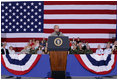 President George W. Bush addresses his remarks Wednesday, July 4, 2007, during a Fourth of July visit with members of the West Virginia Air National Guard 167th Airlift Wing and their family members in Martinsburg, W. Va. President Bush thanked all the operational units of the West Virginia National Guard for their service. White House photo by Chris Greenberg