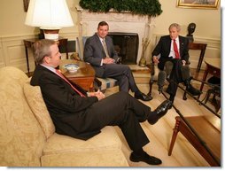 President George W. Bush meets with White House Counselor Dan Bartlett, left, and Ed Gillespie in the Oval Office Wednesday, June 13, 2007. In announcing Mr. Gillespie as his new Counselor, President Bush said, "When Dan told me that he was going to leave the White House so he could spend more time with his three young children and his wife, I never thought I'd be able to find somebody that could possibly do as good a job as he has done. I'm fortunate that Ed Gillespie has agreed to join the administration." White House photo by Eric Draper
