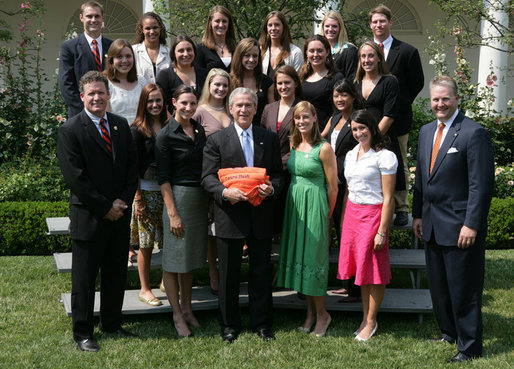 President George W. Bush stands with members of the Auburn University Women's Swimming and Diving 2007 Championship Team Monday, June 18, 2007 at the White House, during a photo opportunity with the 2006 and 2007 NCAA Sports Champions. White House photo by Chris Greenberg