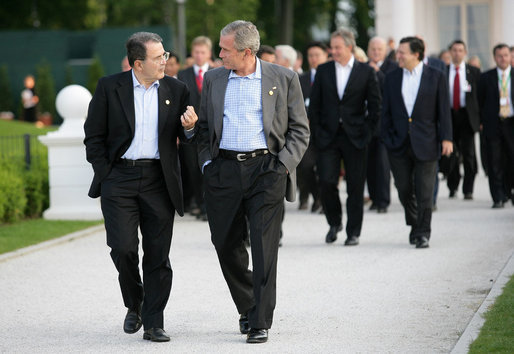 President George W. Bush walks with Prime Minister Romano Prodi of Italy, after dinner Thursday evening, June 7, 2007, for the G8 leaders at the Kempinski Grand Hotel in Heiligendamm, Germany. White House photo by Eric Draper