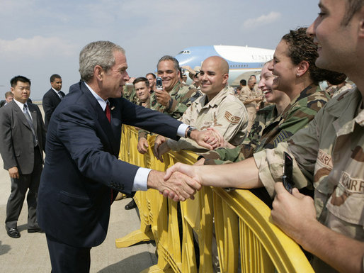 President George W. Bush greets military personnel Thursday, June 28, 2007, at the Rhode Island Air National Guard facility in Kingston, R.I., prior to leaving for Kennebunkport, Maine, where President Bush is scheduled to meet with Russian President Vladimir Putin July 1-2, 2007. White House photo by Eric Draper