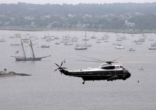 Marine One, carrying President George W. Bush, makes an aerial tour of Newport Harbor Thursday, June 28, 2007, prior to landing at the Naval War College in Newport, R.I. White House photo by Eric Draper