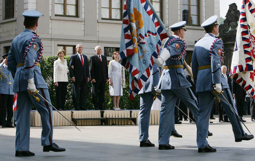 President George W. Bush and Mrs. Laura Bush join Czech President Vaclav Klaus and his wife, Livia Klausova, during a welcoming ceremony at Prague Castle in the Czech Republic Tuesday, June 5, 2007. White House photo by Chris Greenberg