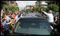 President George W. Bush waves to townspeople of Fushe Kruje, Albania, Sunday, June 10, 2007, as they turned out to welcome the first visit by a U.S. president to their country. White House photo by Eric Draper