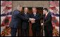 President George W. Bush stands with Prime Minister Ivo Sanader, left, of Croatia, Prime Minister Sali Berisha of Albania, and Prime Minister Nikola Gruevski of Macedonia, Sunday, June 10, 2007, following a lunch with the three leaders during a stop in Tirana, Albania. White House photo by Chris Greenberg