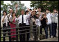 Crowds wave as the motorcade of the Mrs. Laura Bush travels to the Lake Toya Visitors Center Wednesday, July 9, 2008, in Hokkaido, Japan. White House photo by Shealah Craighead