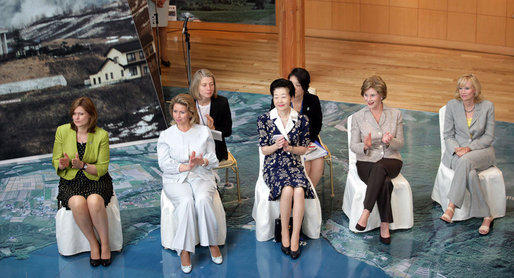 Mrs. Bush participates in a discussion with Junior 8 (J8) members and other G-8 spouses during her visit to the Toyako Town Visitors Center Wednesday, July 9, 2008, in Hokkaido, Japan. Mrs. Bush is joined by from left, Mrs. Sarah Brown, spouse of the Prime Minister of the United Kingdom, Mrs. Svetlana Medvedev, spouse of the President of Russia, Mrs. Kiyoko Fukuda, spouse of the Prime Minister of Japan, and Mrs. Laureen Harper, spouse of the Prime Minister of Canada. White House photo by Shealah Craighead