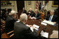 President George W. Bush is joined by Stephen Hadley, National Security Advisor, Vice President Dick Cheney and Chief of Staff Josh Bolten Monday, Nov. 13, 2006, during a meeting with the Baker-Hamilton Commission in the Roosevelt Room of the White House. Members of the Commission include: Lee Hamilton, James Baker, Sandra Day O'Connor, William Perry, Vernon Jordan and Lawrence Eagleburger. White House photo by Eric Draper