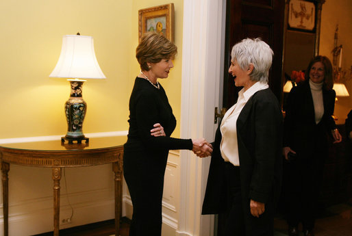 Mrs. Laura Bush welcomes Aliza Olmert, well-known artist and wife of Israeli Prime Minister Ehud Olmert, to the family residence at the White House for lunch Monday, Nov. 13, 2006. White House photo by Shealah Craighead