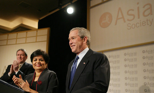 President George W. Bush is applauded as he is introduced to speak, Wednesday, Feb. 22, 2006 at the Asia Society meeting in Washington. President Bush talked about some of the issues he would address on his upcoming trip to India and Pakistan. White House photo by Paul Morse