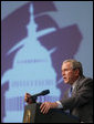 President George W. Bush gestures as he addresses an audience Friday, Feb. 10, 2006 at the House Republican Conference in Cambridge, Md. White House photo by Kimberlee Hewitt