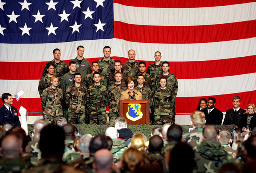 Mrs. Laura Bush addresses an audience of U.S.troops during a visit to Aviano Air Base, in Aviano, Italy, Friday, Feb. 10, 2006. White House photo by Shealah Craighead