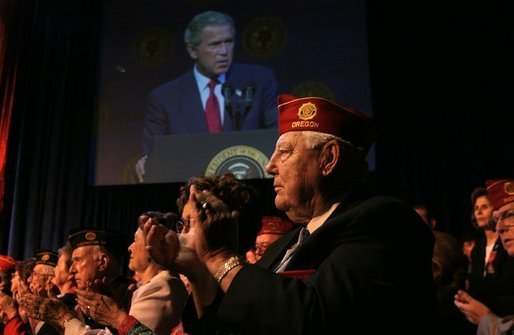 President George W. Bush addresses the 85th Annual American Legion Convention in St. Louis, Mo., Tuesday, Aug. 26, 2003. "In the 20th century, the American flag and the American uniform stood for something unique in history," President Bush said in his remarks. "America's armed forces humbled tyrants and raised up and befriended nations that once fought against us." White House photo by Paul Morse.