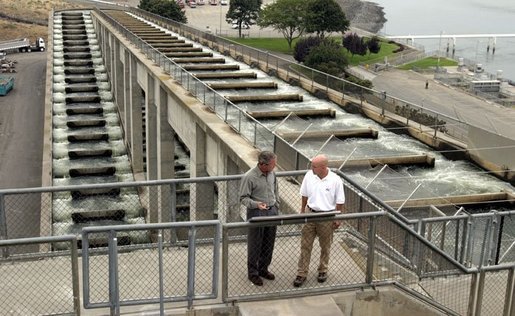 President George W. Bush talks with Witt Anderson during a tour of the Ice Harbor Lock and Dam in Burbank, Wash., Friday,August 22, 2003. White House photo by Paul Morse.