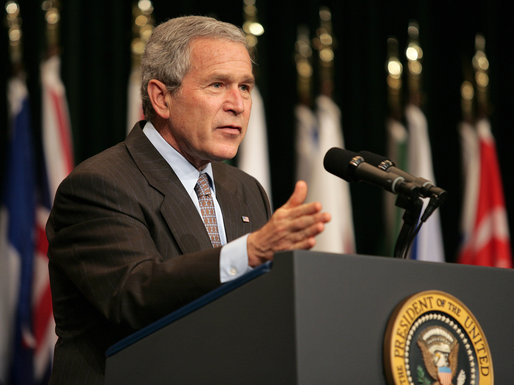  President George W. Bush delivers remarks Tuesday, May 1, 2007, to the CENTCOM Coalition Conference at MacDill Air Force Base in Tampa. Said the President, "These are difficult times. These are tough times. These are times that require hard work and courage and faith in the ability of liberty to yield the pace we want." White House photo by Eric Draper