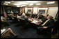 President George W. Bush and Prime Minister Tony Blair of the United Kingdom participate in a video teleconference Thursday, May 17, 2007, with members of the U.S. and U.K. Iraq teams. The meeting took place in the Situation Room of the White House. White House photo by Eric Draper