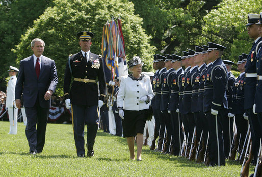 President George W. Bush and Her Majesty Queen Elizabeth II of Great Britain review the troops during a state arrival ceremony Monday, May 7, 2007. White House photo by Joyce Boghosian