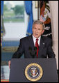 President George W. Bush issues a statement Tuesday, May 1, 2007, regarding his veto of the Iraq War Supplemental. Speaking from Cross Hall in the White House, the President said, "We need to give our troops all the equipment and the training and protection they need to prevail. The need to act is urgent." White House photo by Eric Draper