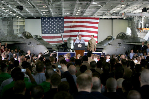Vice President Dick Cheney addresses U.S. troops during a rally, Friday, May 11, 2007, aboard the aircraft carrier USS John C. Stennis in the Persian Gulf. "I've been around for a while -- so long, in fact, that I even knew Senator John Stennis personally," said the Vice President, adding, "but I've never been more proud of the United States military than I am today. It's an incredibly challenging time for the country, and there's serious work being done on many fronts. You're doing all that we ask of you, and you're doing it with skill and with honor." White House photo by David Bohrer
