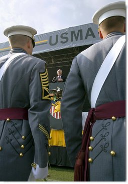 Vice President Dick Cheney stands for the playing of the national anthem Saturday, May 26, 2007, during graduation ceremonies at the U.S. Military Academy in West Point, N.Y. White House photo by David Bohrer
