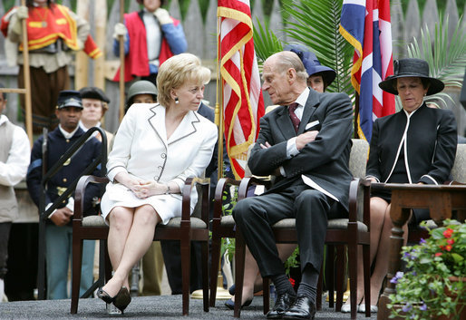 Mrs. Lynne Cheney speaks with His Royal Highness The Prince Philip, Duke of Edinburgh, Friday, May 4, 2007 during a ceremony at Jamestown Settlement in Williamsburg , Virginia. Her Majesty Queen Elizabeth II and Prince Philip joined Vice President Dick Cheney and Mrs. Cheney for a visit to Jamestown to mark the 400th anniversary of the historic site. White House photo by David Bohrer