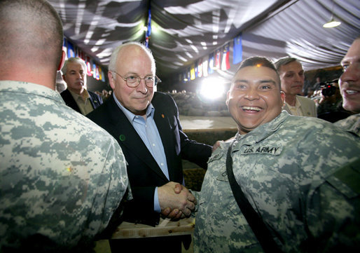 Vice President Dick Cheney greets troops of the 25th Infantry Division and Task Force Lightning Thursday, May 10, 2007 during a rally at Contingency Operating Base Speicher, Iraq. White House photo by David Bohrer